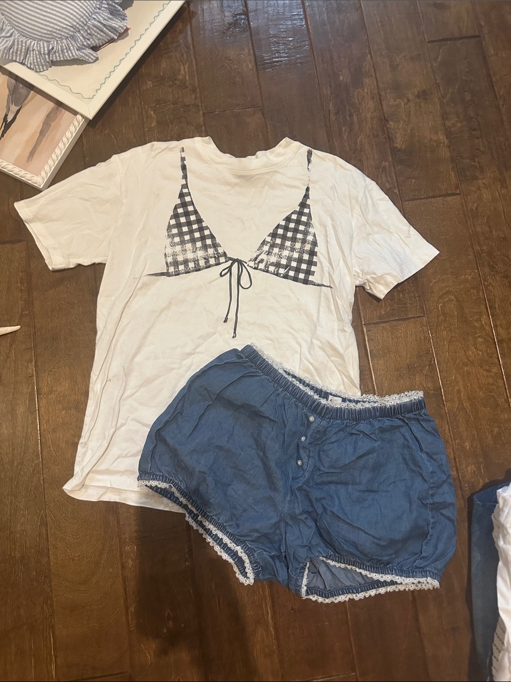 aerie White Graphic Tee with Blue Lounge Shorts